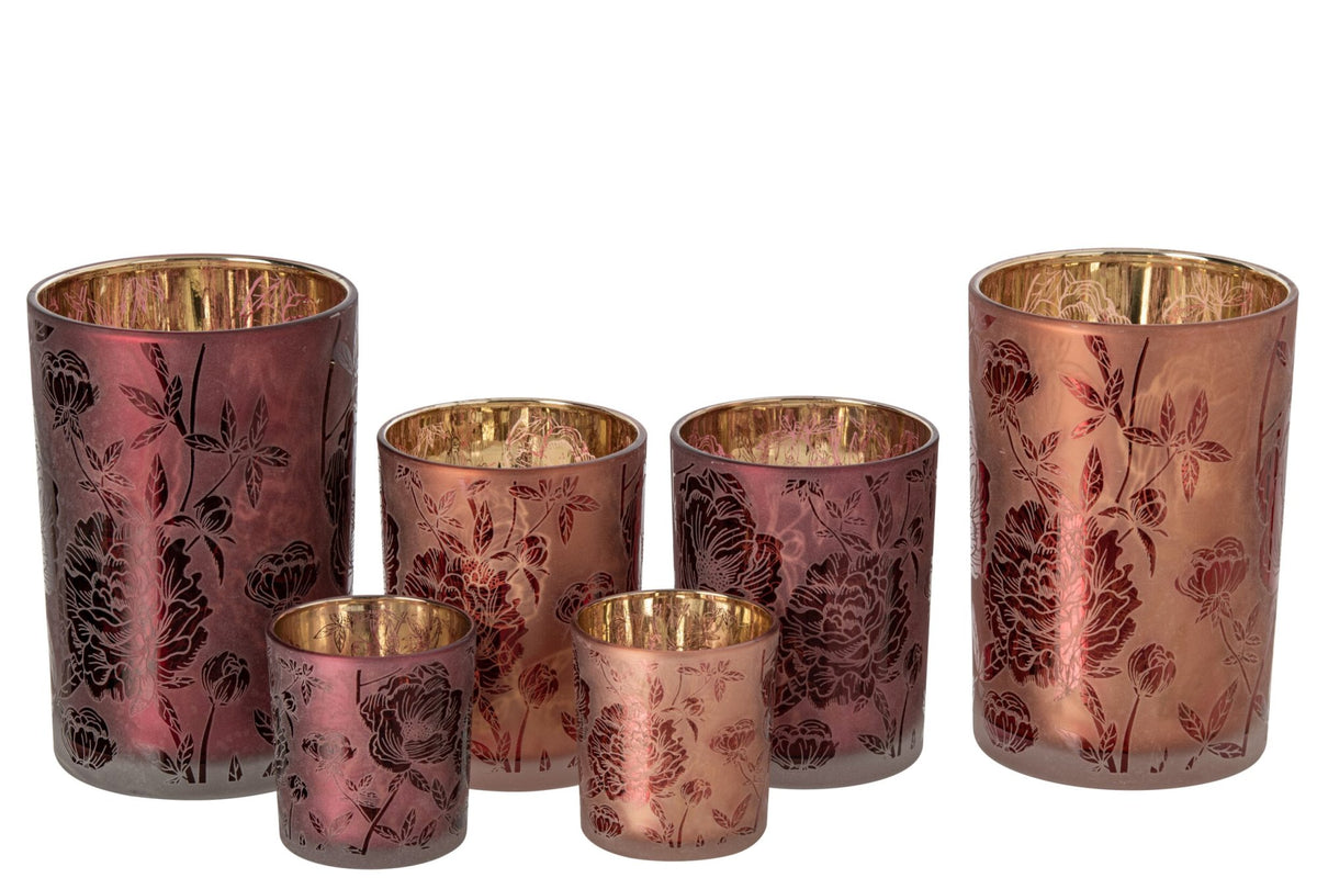 Theelichthouder Bloemen Glas Bordeauxrood/Koraalrood Large Assortiment Van 2