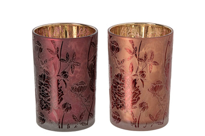 Theelichthouder Bloemen Glas Bordeauxrood/Koraalrood Large Assortiment Van 2