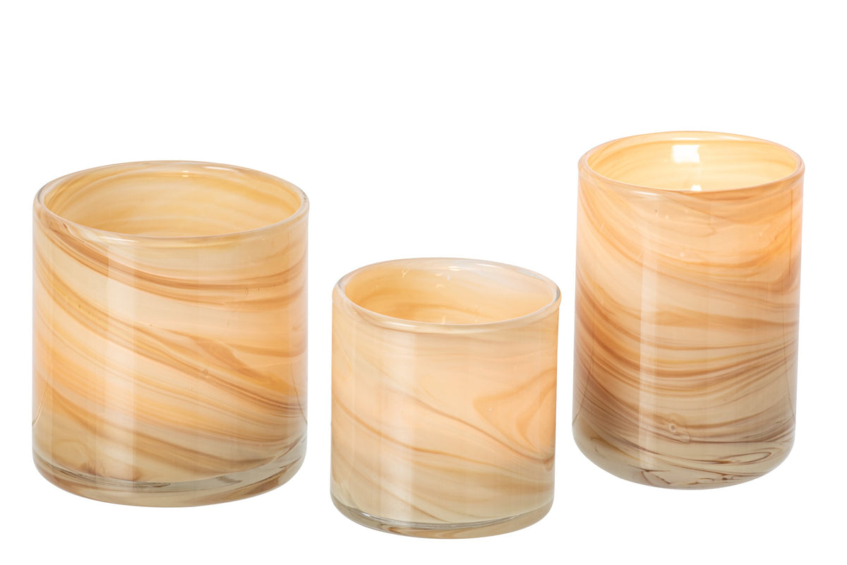 Set Van 3 Theelichthouder Marmer Glas Lichtbeige/Messing