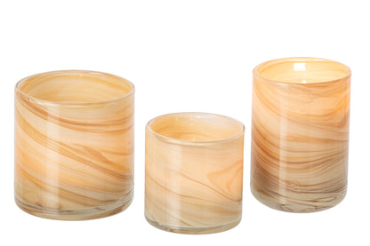 Set Van 3 Theelichthouder Marmer Glas Lichtbeige/Messing