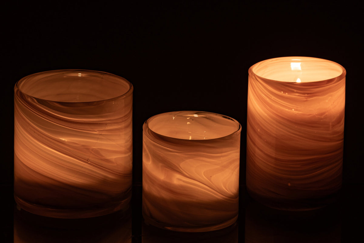 Set Van 3 Theelichthouder Marmer Glas Lichtbeige/Messing