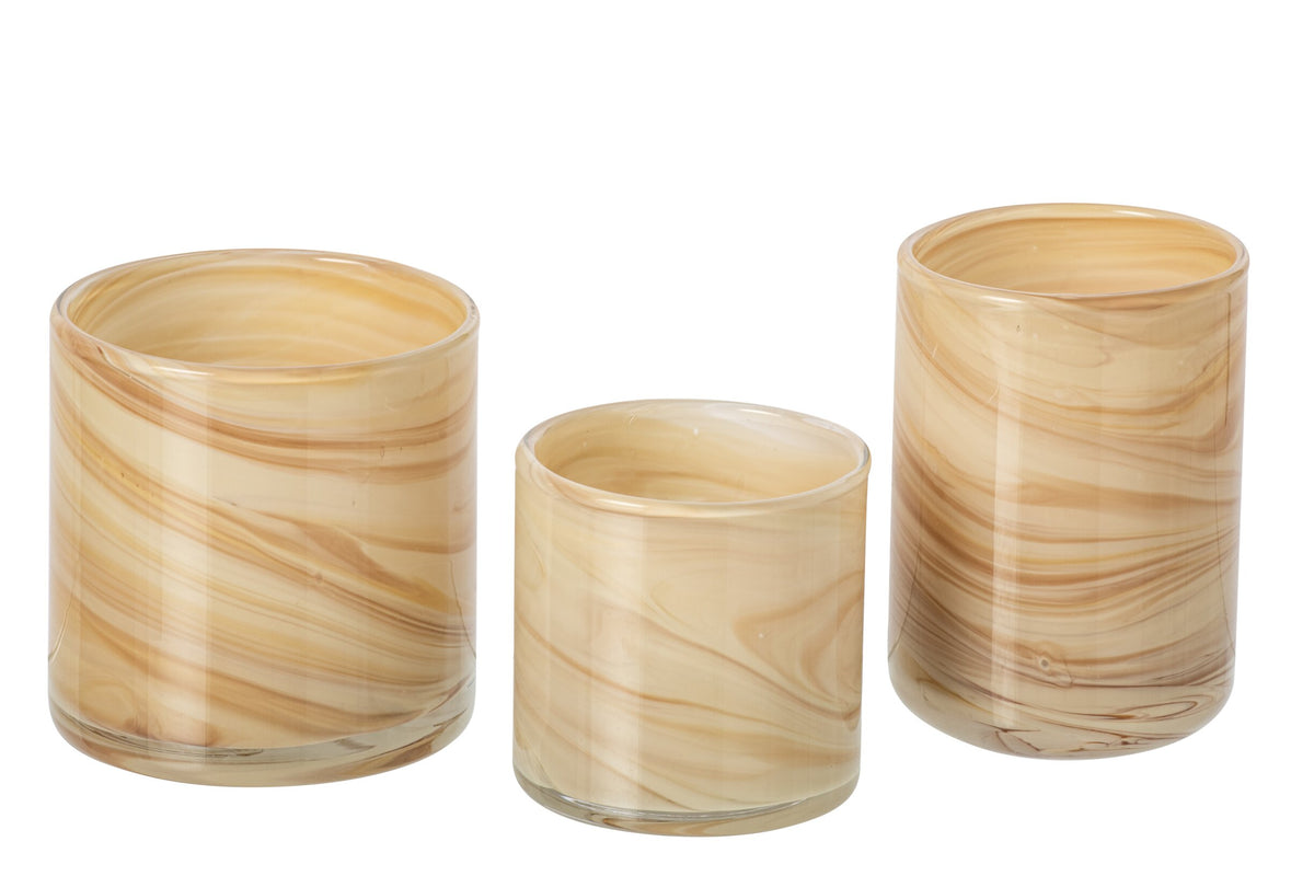 Set Van 3 Theelichthouder Marmer Glas Lichtbeige/Messing