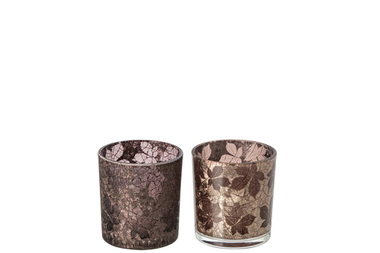 Theelichthouder Bladeren Gekraakt Glas Donkerbruin/Beige Small Assortiment Van 2