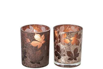 Theelichthouder Bladeren Gekraakt Glas Donkerbruin/Beige Medium Assortiment Van 2