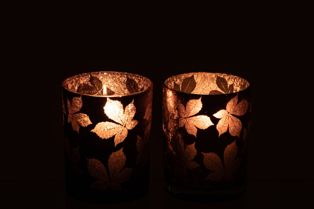 Theelichthouder Bladeren Gekraakt Glas Donkerbruin/Beige Medium Assortiment Van 2