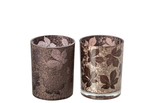 Theelichthouder Bladeren Gekraakt Glas Donkerbruin/Beige Medium Assortiment Van 2
