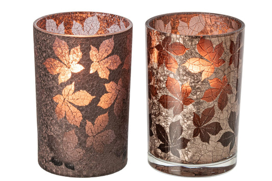Theelichthouder Bladeren Gekraakt Glas Donkerbruin/Beige Large Assortiment Van 2
