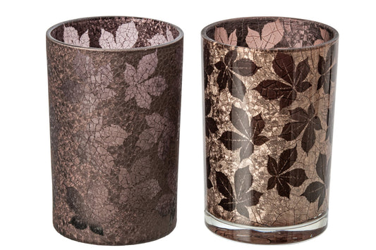 Theelichthouder Bladeren Gekraakt Glas Donkerbruin/Beige Large Assortiment Van 2
