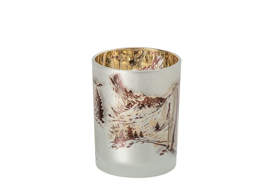 Theelichthouder Skiscène Glas Wit/Bruin Medium