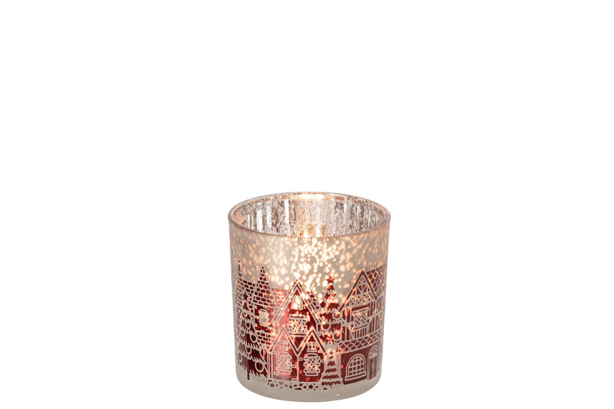 Theelichthouder Glas Kerstrood/Grijs Small