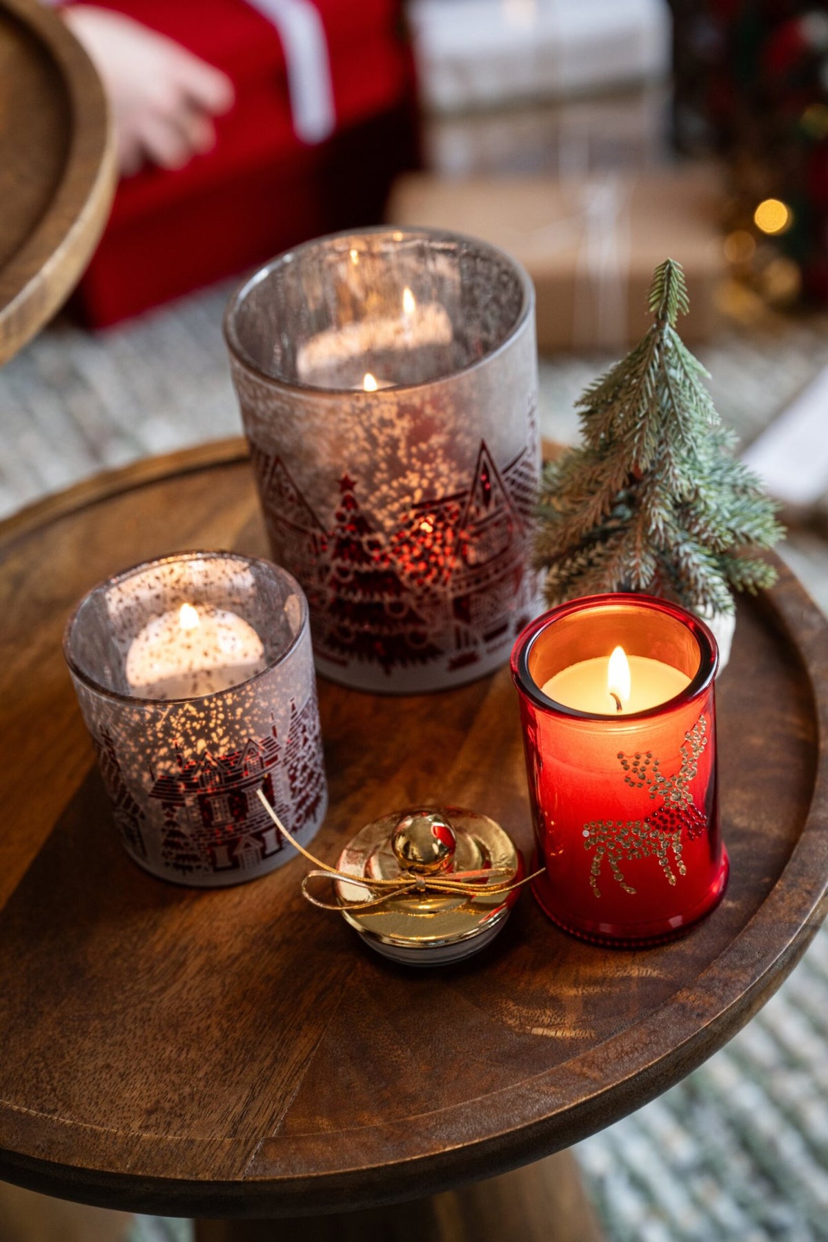 Theelichthouder Glas Kerstrood/Grijs Small