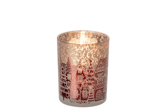 Theelichthouder Glas Kerstrood/Grijs Medium