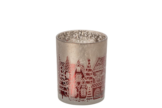 Theelichthouder Glas Kerstrood/Grijs Medium