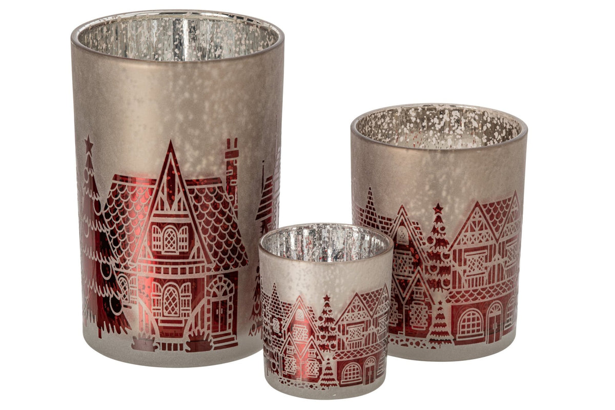 Theelichthouder Glas Kerstrood/Grijs Large