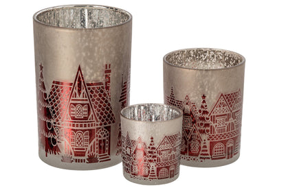 Theelichthouder Glas Kerstrood/Grijs Large