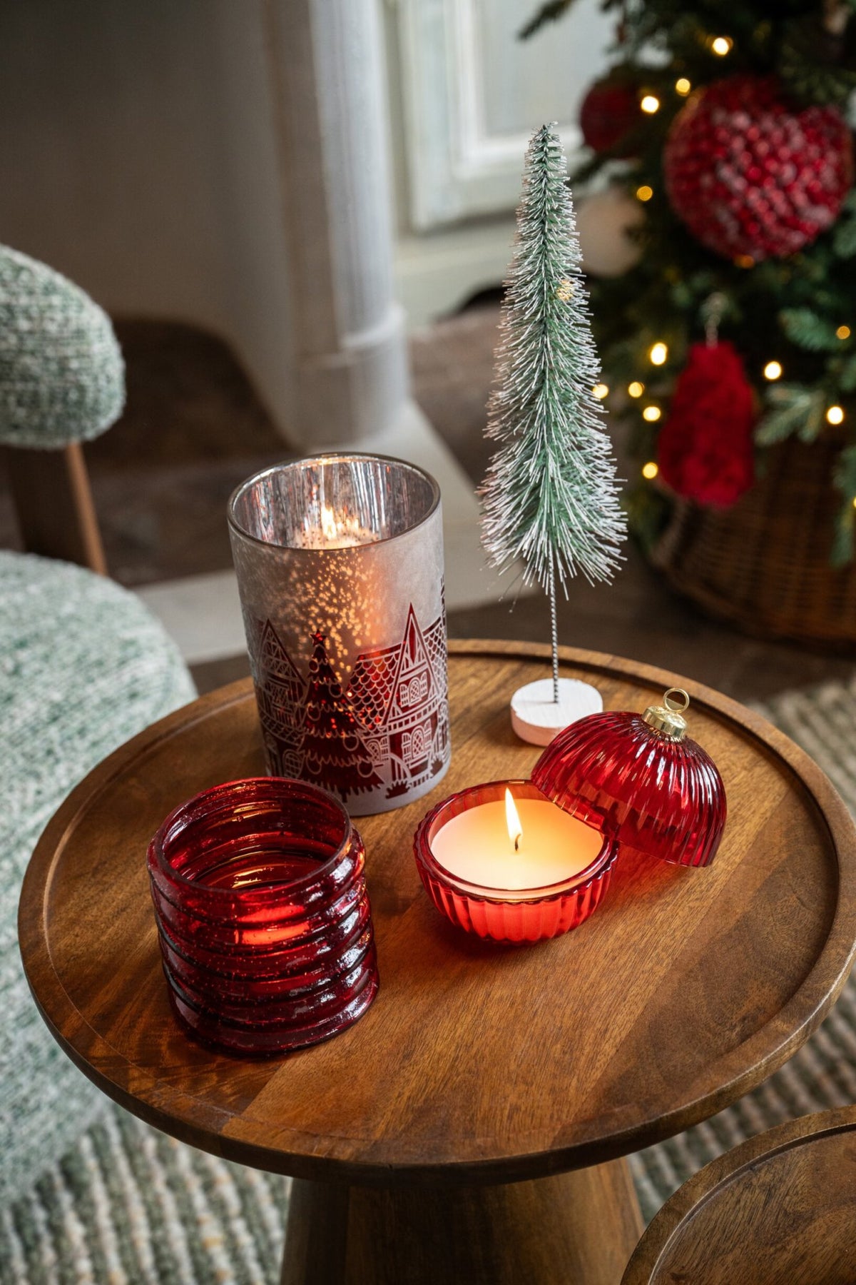 Theelichthouder Glas Kerstrood/Grijs Large