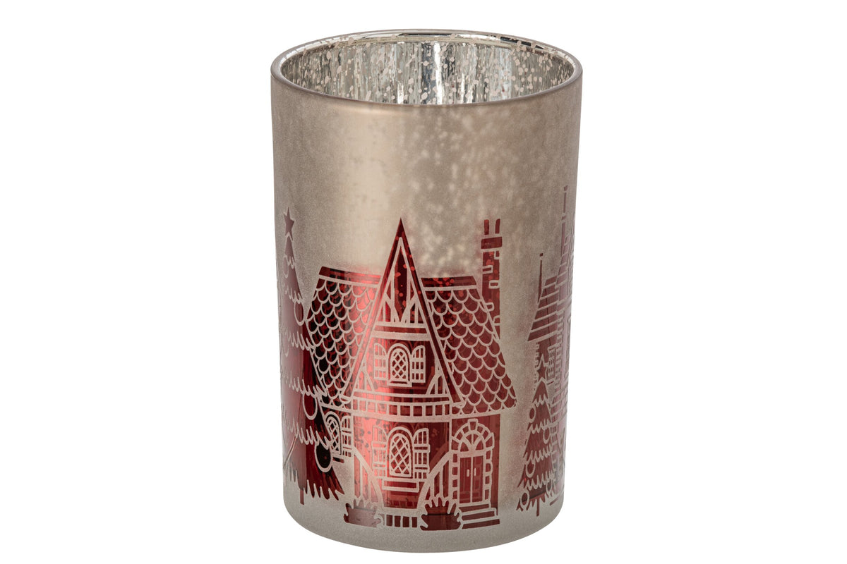 Theelichthouder Glas Kerstrood/Grijs Large