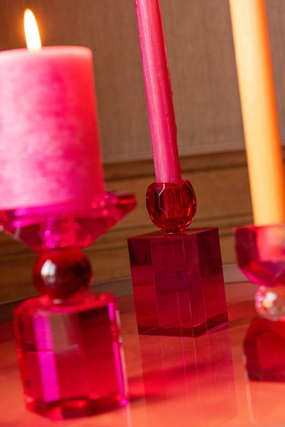 Kaarshouder Rechthoek Glas Kerstrood/Fuchsia Medium