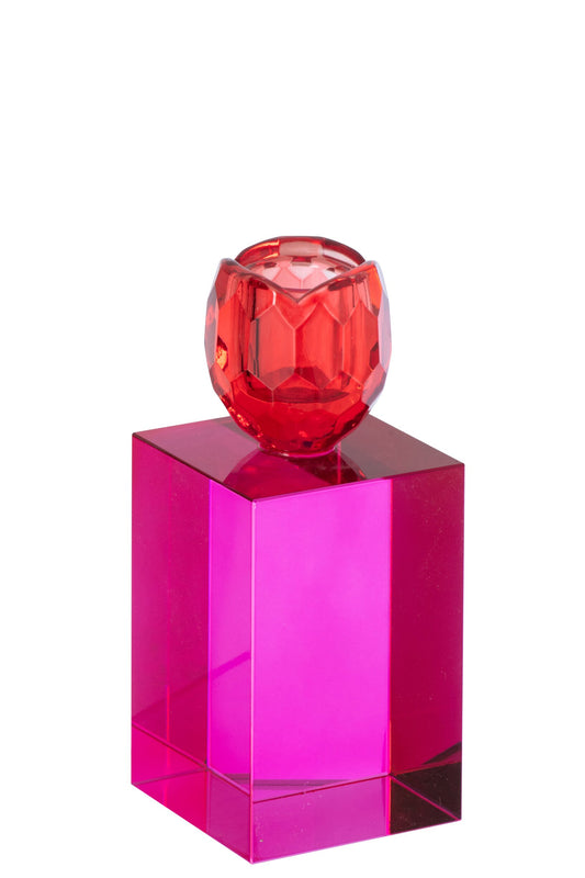 Kaarshouder Rechthoek Glas Kerstrood/Fuchsia Medium