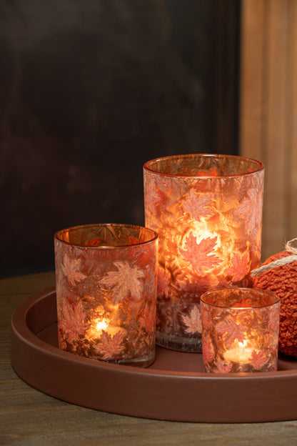 Kaarshouder Bladeren Glas Abrikoos/Terracotta Medium