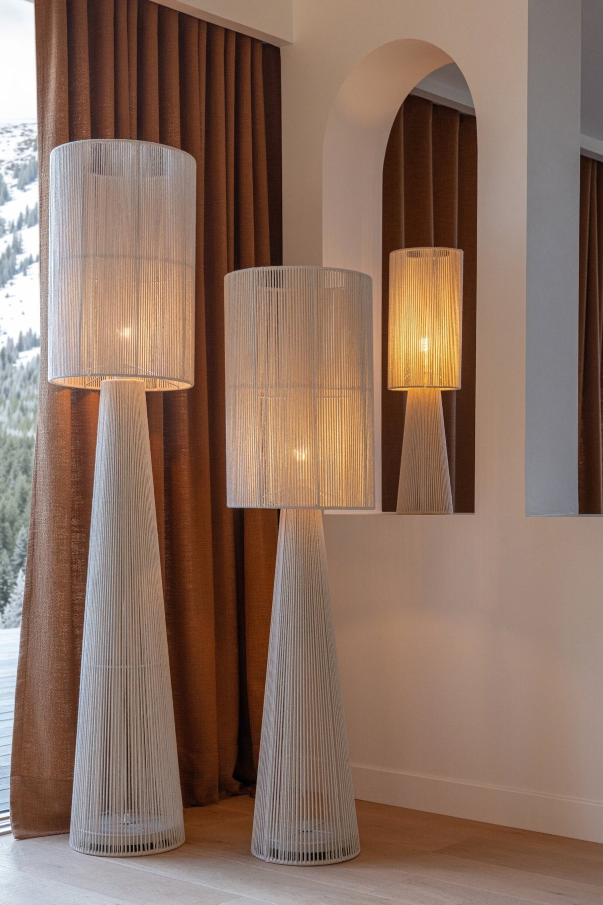 Large greige rope fabric floor lamp