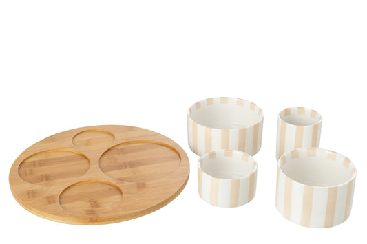Striped stoneware aperitif set light beige/white