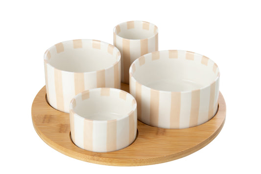 Striped stoneware aperitif set light beige/white