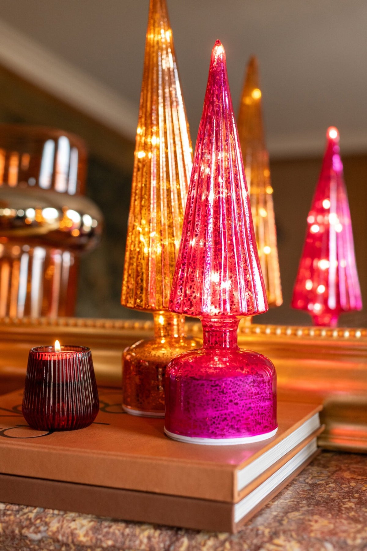 Tree LED Turning Crackled Glass Orange Large