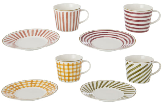 Set van 4 koffiekop + schotel steengoed bordeaux/olijf groot