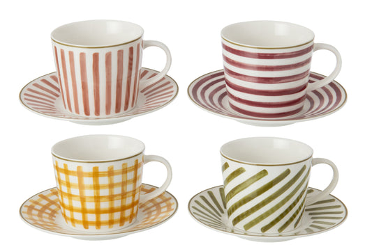 Set van 4 koffiekop + schotel steengoed bordeaux/olijf groot