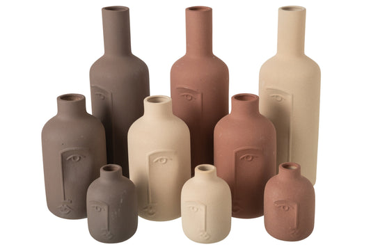 Vase Bottle + Face Porcelain Ecru/Brown Assortment Of 3