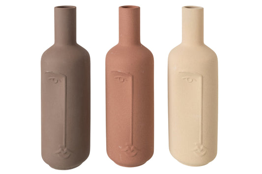 Vase Bottle + Face Porcelain Ecru/Brown Assortment Of 3