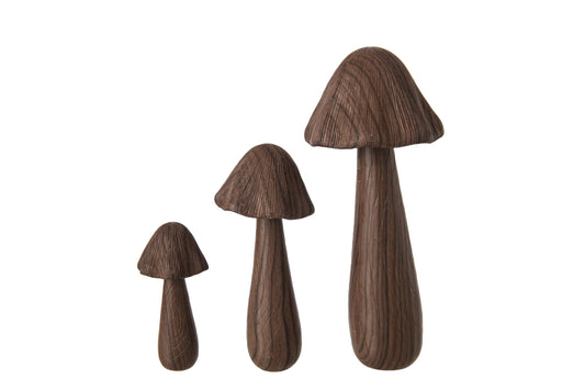 Set Of 3 Mushroom Polyresin Dark Brown