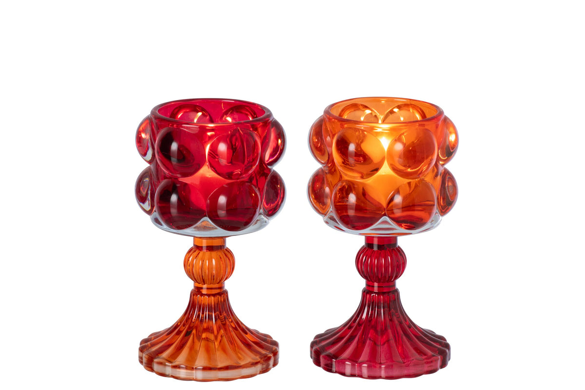 Kaarshouder Op Voet Glas Rood/Oranje Assortiment Van 2