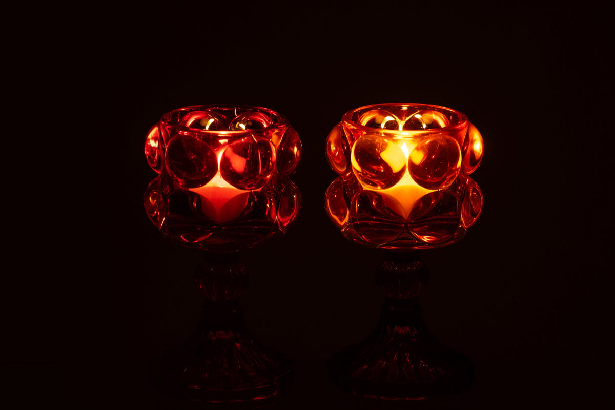 Kaarshouder Op Voet Glas Rood/Oranje Assortiment Van 2