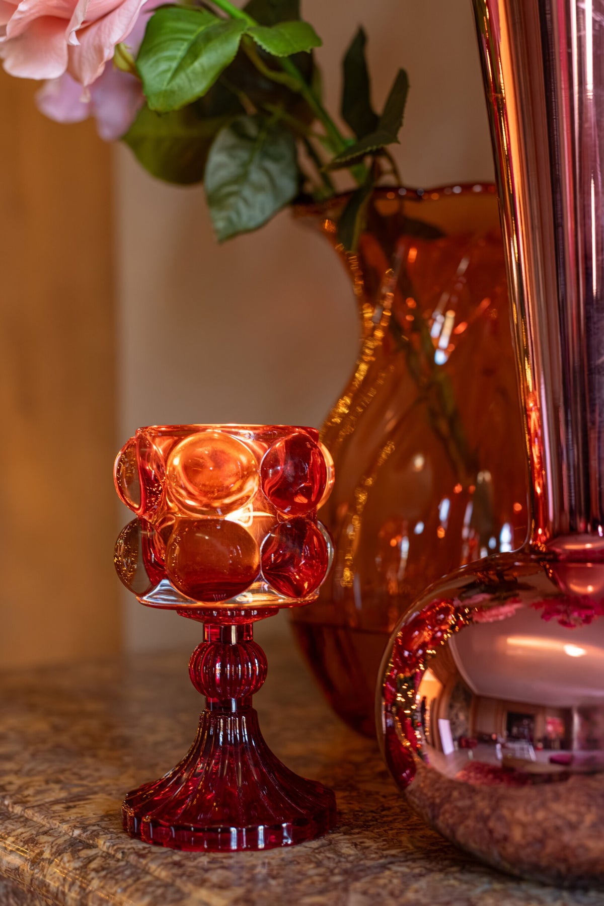 Kaarshouder Op Voet Glas Rood/Oranje Assortiment Van 2