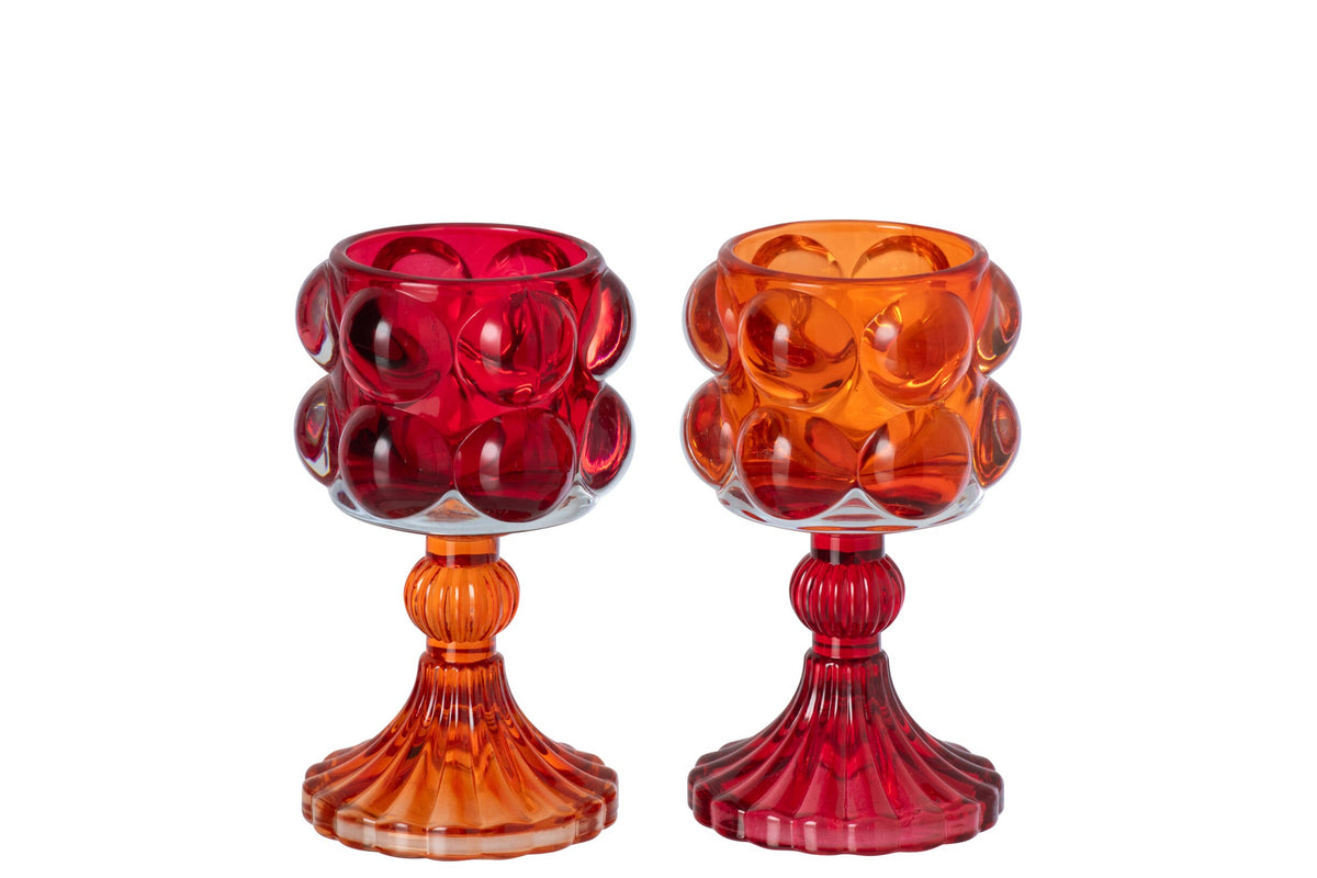 Kaarshouder Op Voet Glas Rood/Oranje Assortiment Van 2
