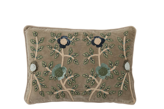 Cushion Flowers + Leaves Rectangle Cotton Light Green