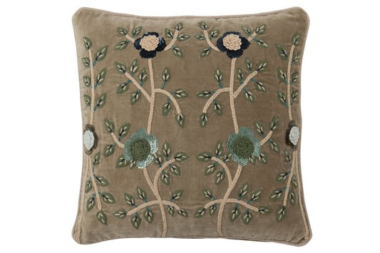 Cushion Flowers + Leaves Square Cotton Light Green