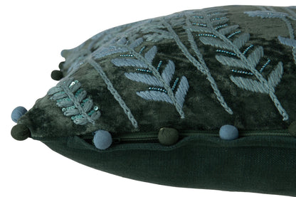 Cushion Leaves + Flowers Square Viscose Dark Green/Turquoise