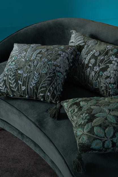 Cushion Leaves + Flowers Square Viscose Dark Green/Turquoise