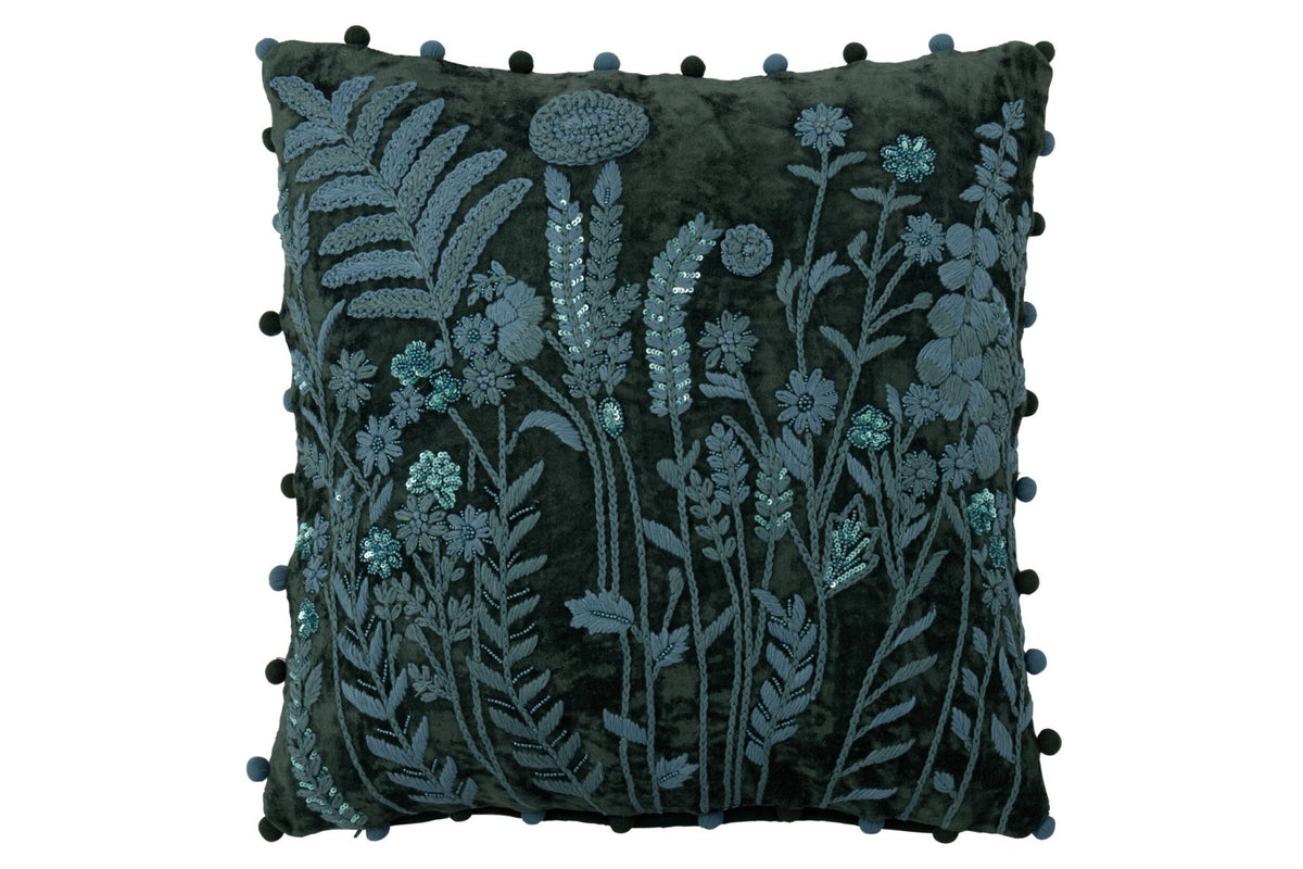 Cushion Leaves + Flowers Square Viscose Dark Green/Turquoise