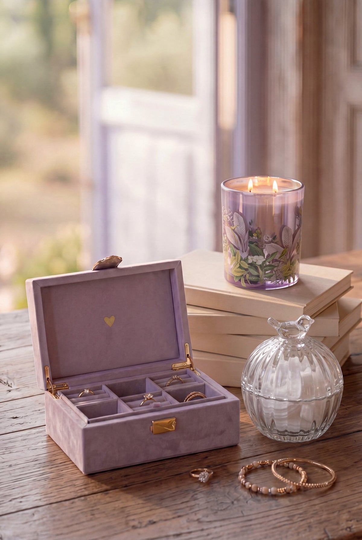 Jewelry box organizer compartments velvet lilac