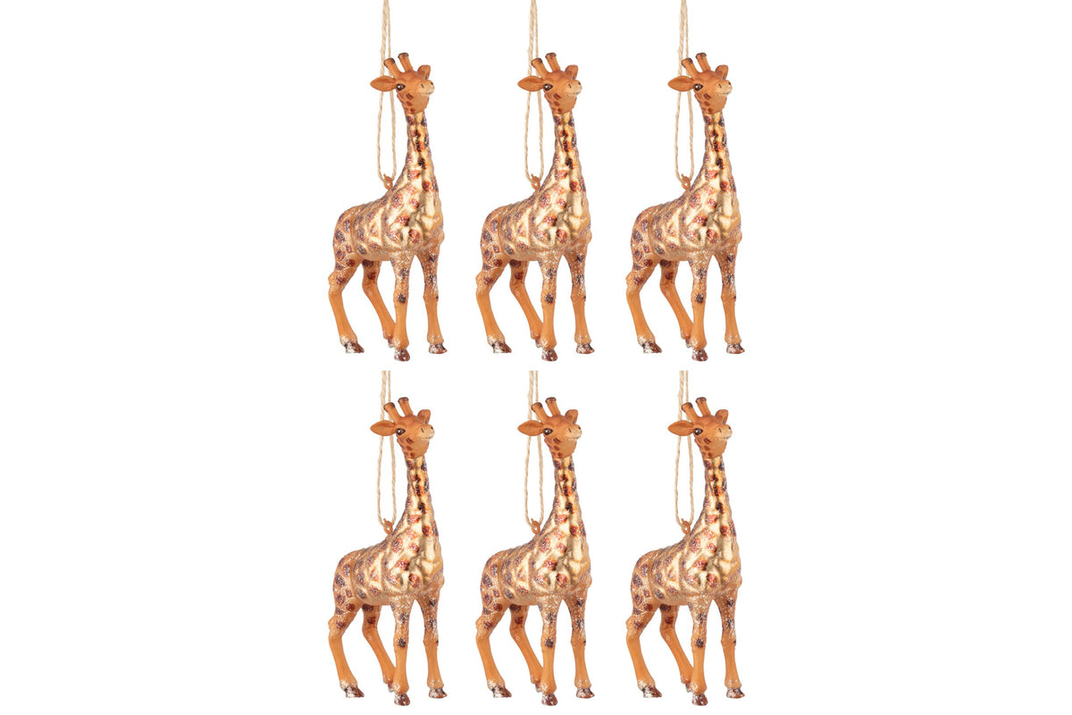 Box Of 6 Christmas Baubles Giraffe Glass Brown Mix