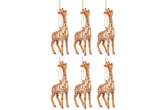Box Of 6 Christmas Baubles Giraffe Glass Brown Mix