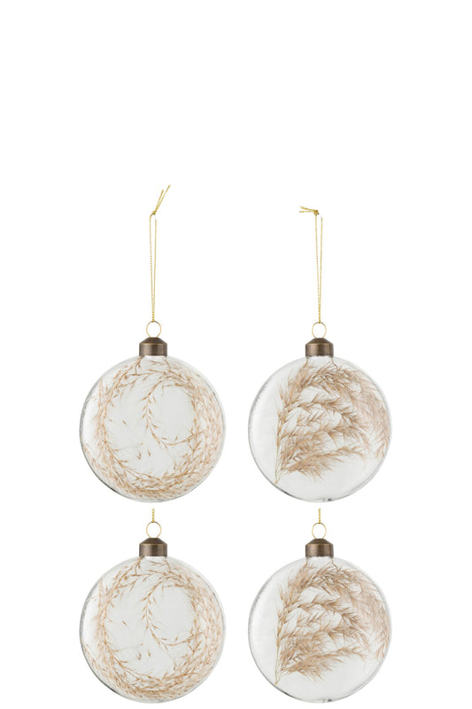 Box Of 4 Christmas Baubles Round Flat 2+2 Dried Pampas Glass Transparent Medium