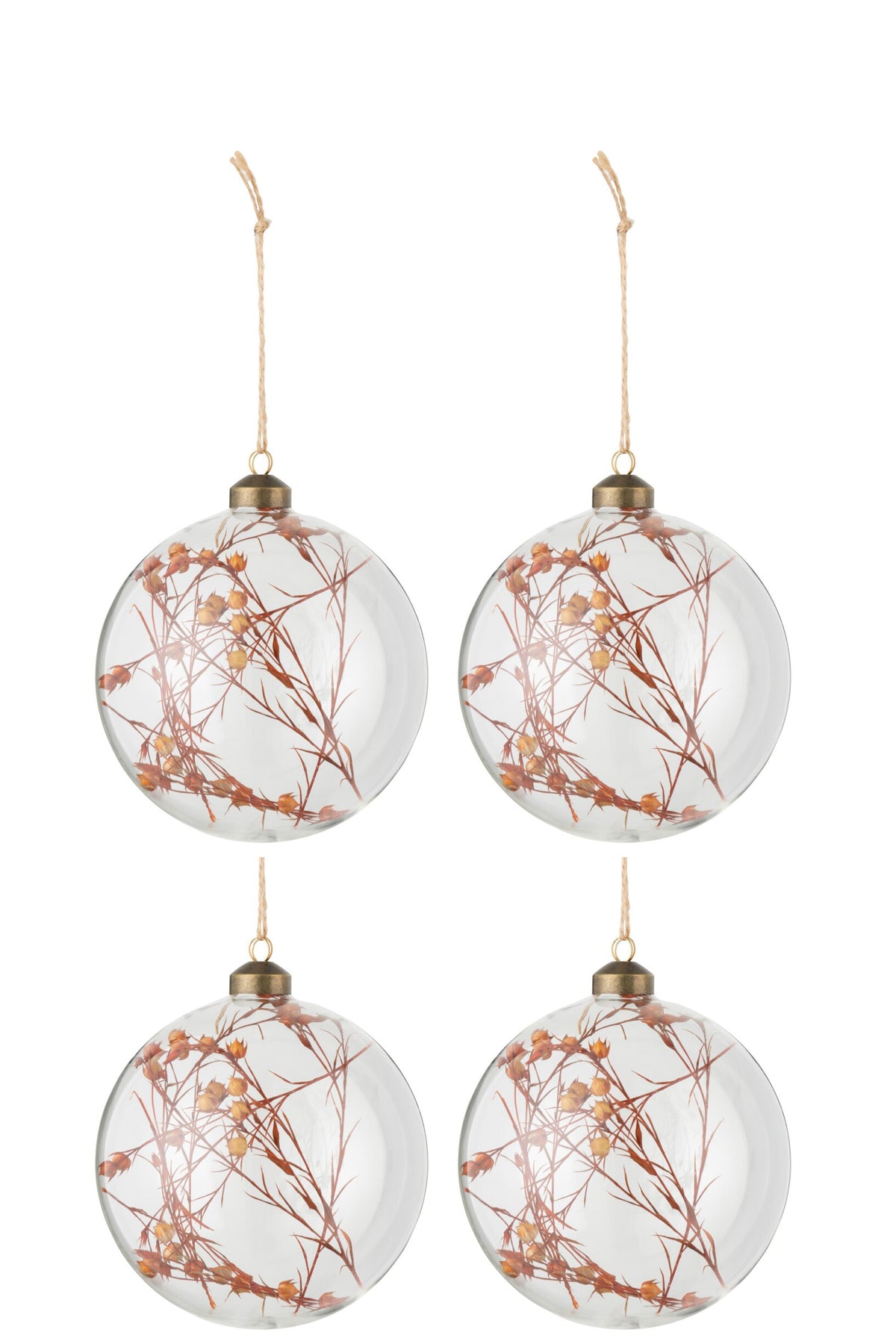 Box Of 4 Christmas Baubles Dried Flowers Rust Glass Transparent Large