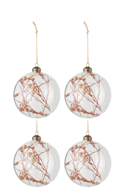Box Of 4 Christmas Baubles Dried Flowers Rust Glass Transparent Large