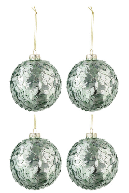 Box Of 4 Christmas Baubles Sequins Glass Light Azure Medium