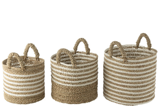 Set van 3 manden gestreept raffia wit/naturel